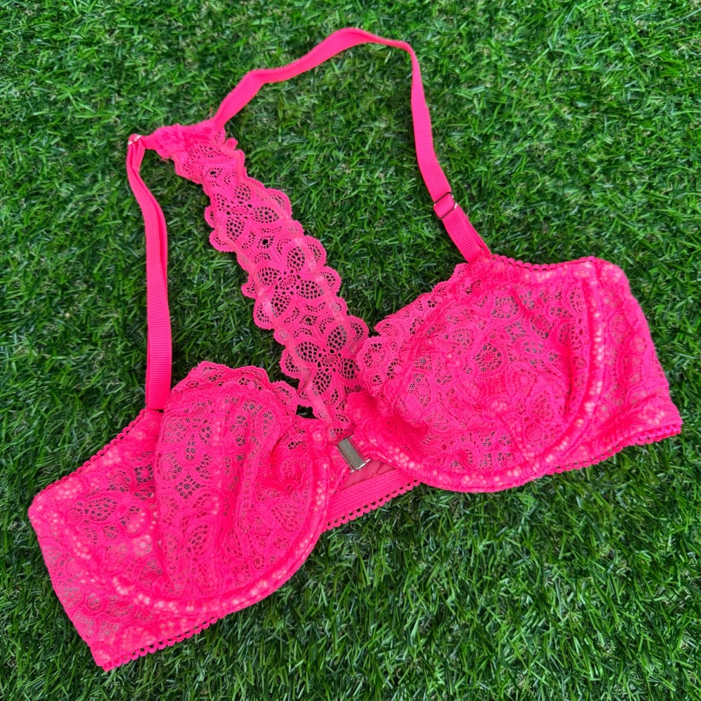 Victoria's Secret Dream Angels Unlined Demi Bra Neon Pink Lace Racerback 34B NEW